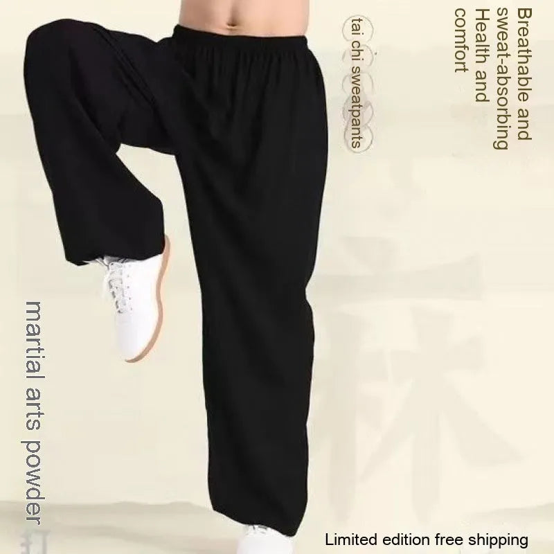 Children's high elasticity martial arts practice trousers in black, shown in a front view.