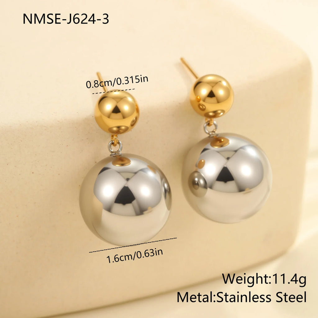 Round bead stainless steel colour-block ear studs with geometric design and 18K electroplating