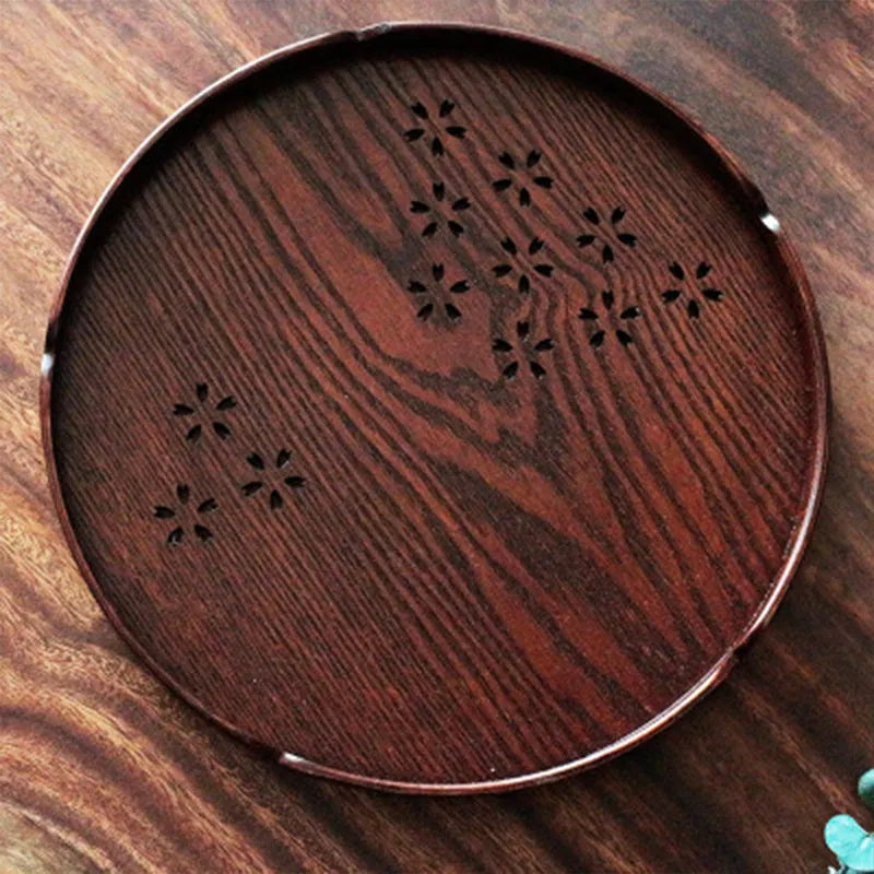 Circular wooden plate with hollow cherry blossom pattern, 30cm diameter, shallow depth.