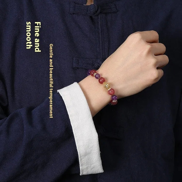 Retro-style lucky bracelet for women in artificial crystal, shown in amethyst gold and yellow gold colour options.
