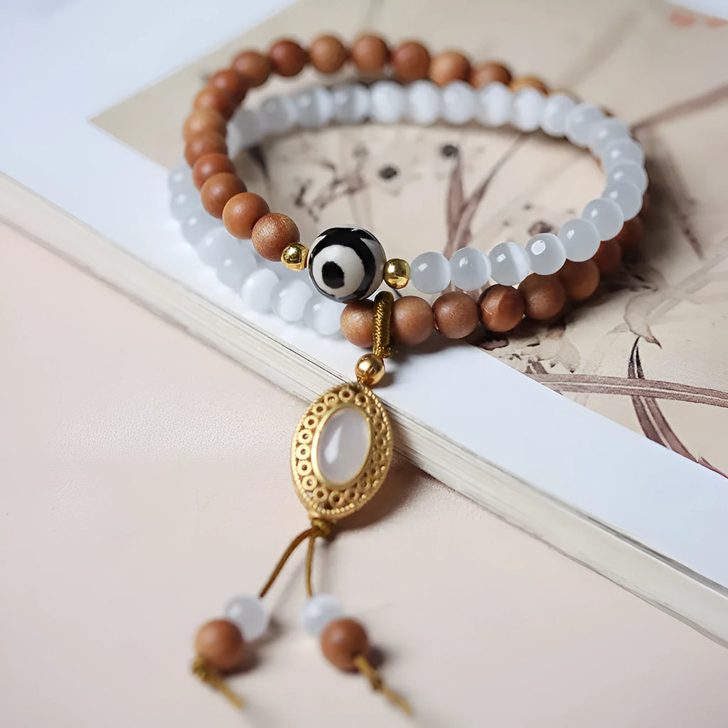 Sandalwood double ring opal women's bracelet with Tibetan beads in retro mixed material design