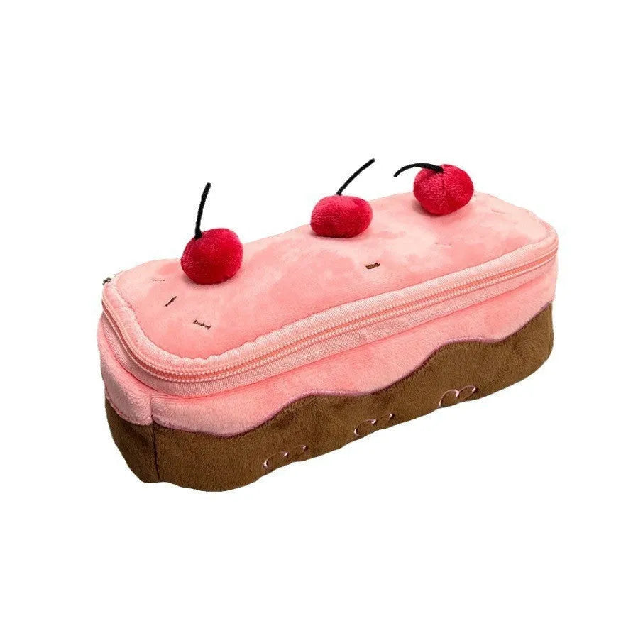 Cherry cake plush velvet pencil bag in Korean style with pastel colours
