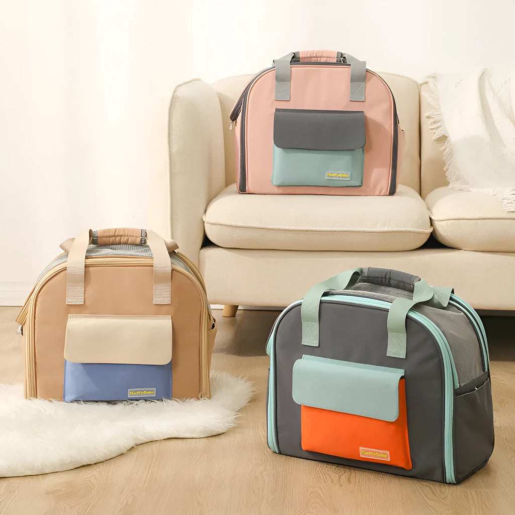 Foldable pull-rod pet backpack in nylon, 50-60L capacity, medium hard shell, shown in grey, pink, or khaki