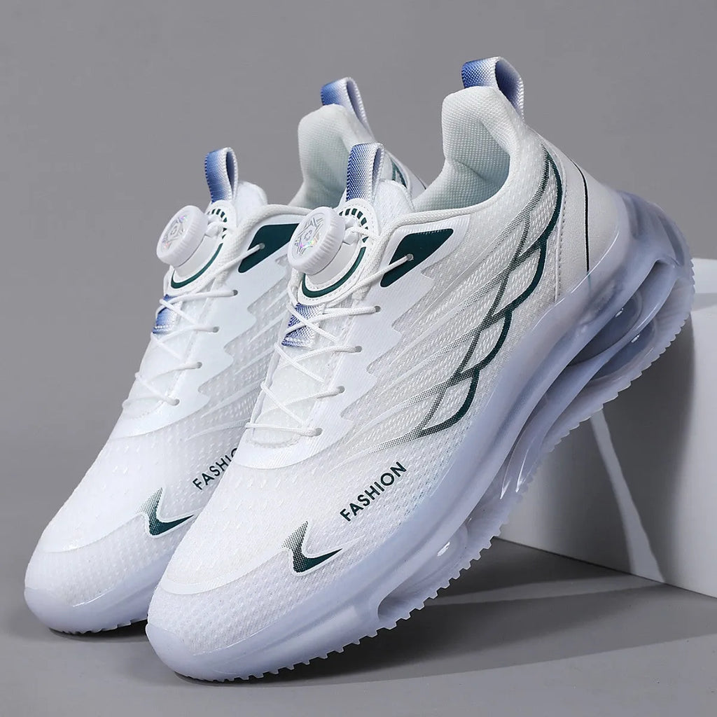 White mesh casual shoes with rotating button closure and round toe design