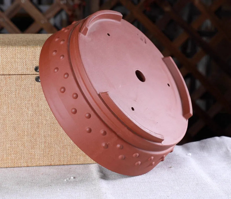 Chinese style ceramic flowerpot with drum nail shape, purple sand craft, 16.5cm inner diameter, plain cement or purple clay colour