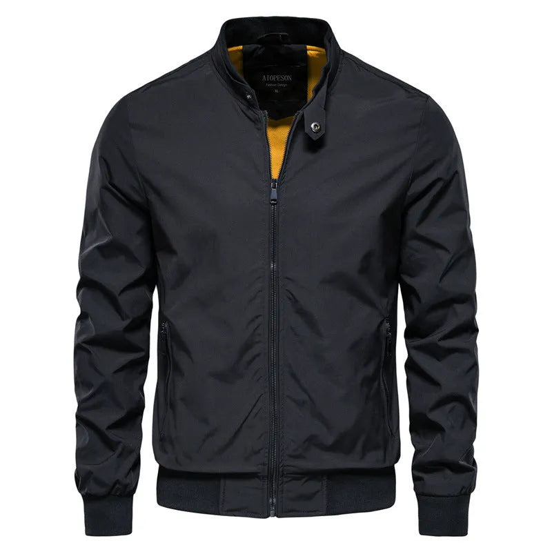 Men's thin casual jacket in polyester fabric showing solid colour design with size options S to XXL