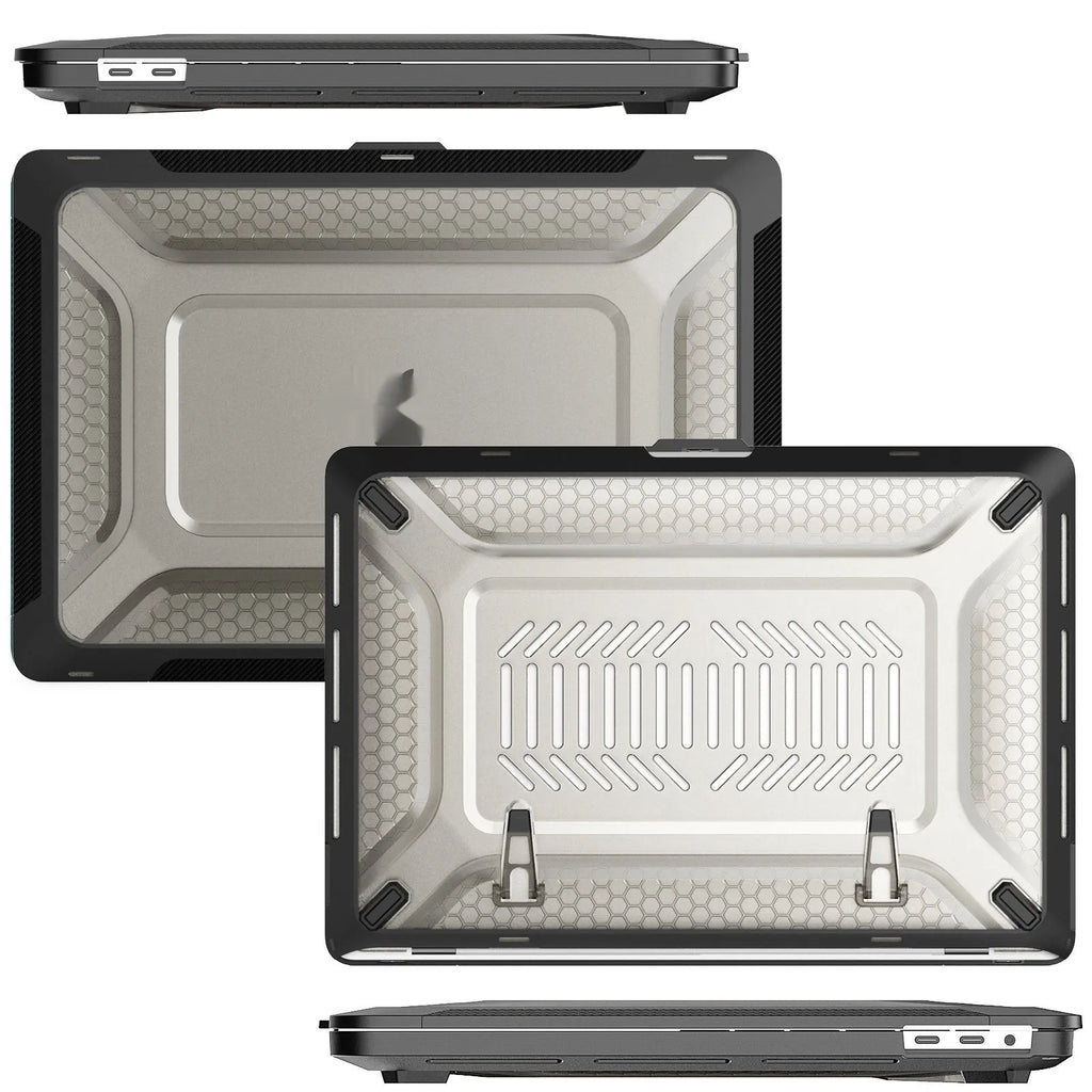 MacBook protective hard shell case in cold black, starry sky grey, elegant apricot, and sapphire blue colours.