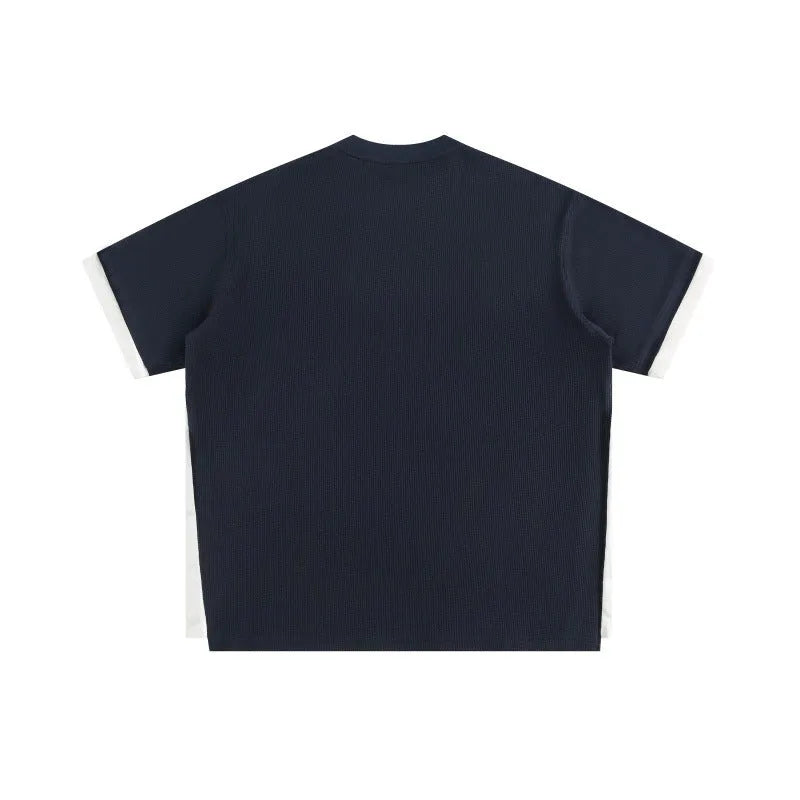 Retro alphabet embroidered loose short-sleeve t-shirt in navy blue, loose youth fit.