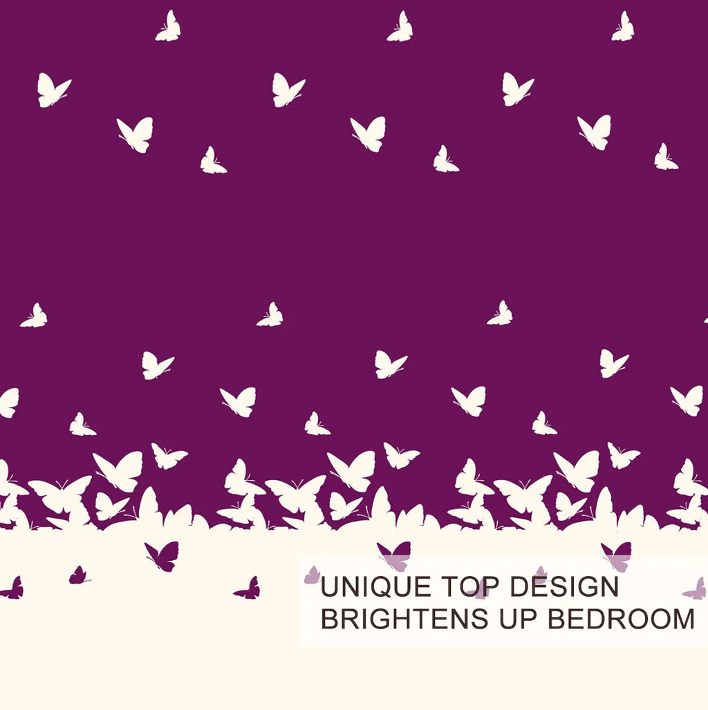 Purple butterfly reversible microfiber comforter set with two pillow shams on bed