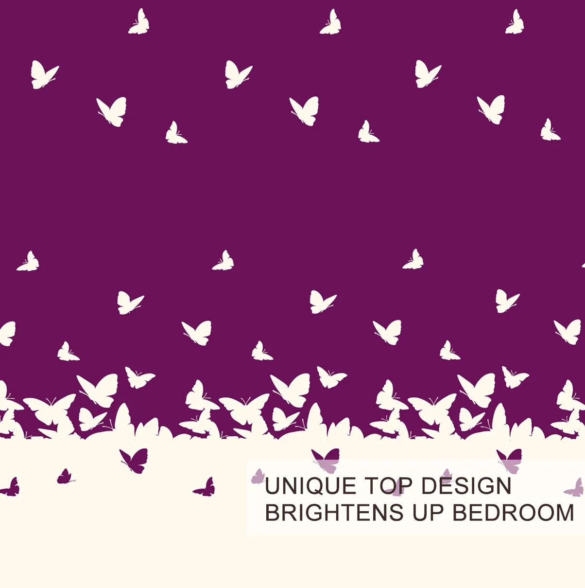 Purple butterfly reversible microfiber comforter set with two pillow shams on bed