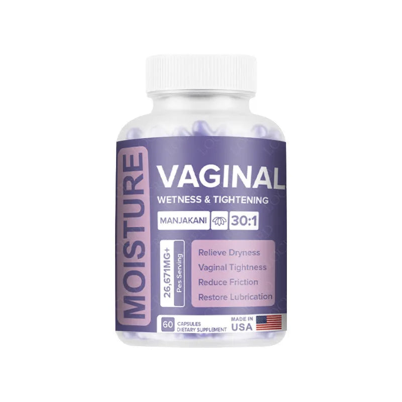 Bottle containing 60 vaginal capsules for adult intimate care with extracted formula