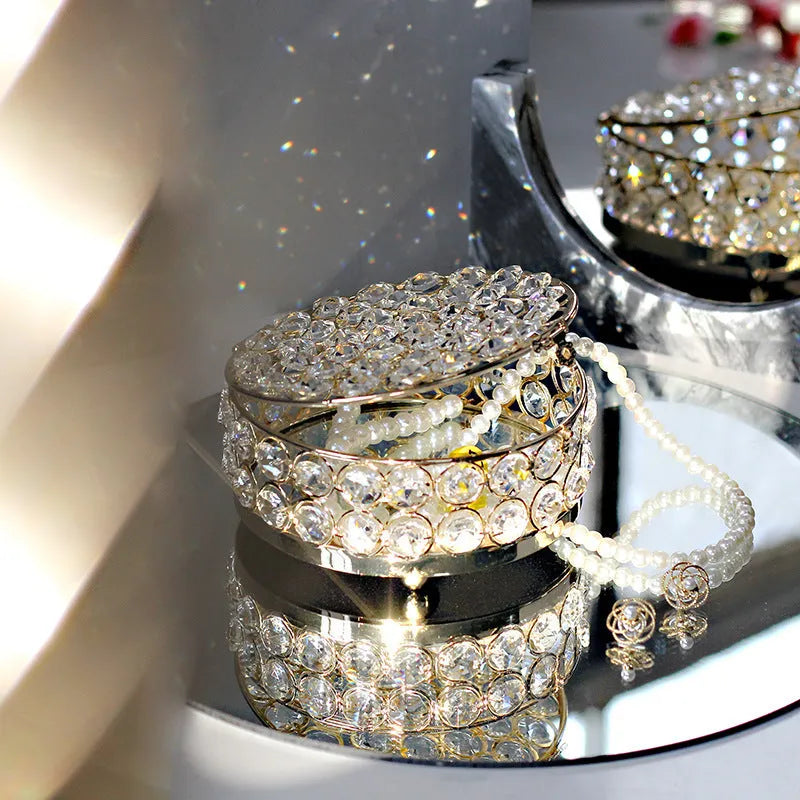 French gold metal jewellery box with transparent crystal glass panels showing jewellery inside