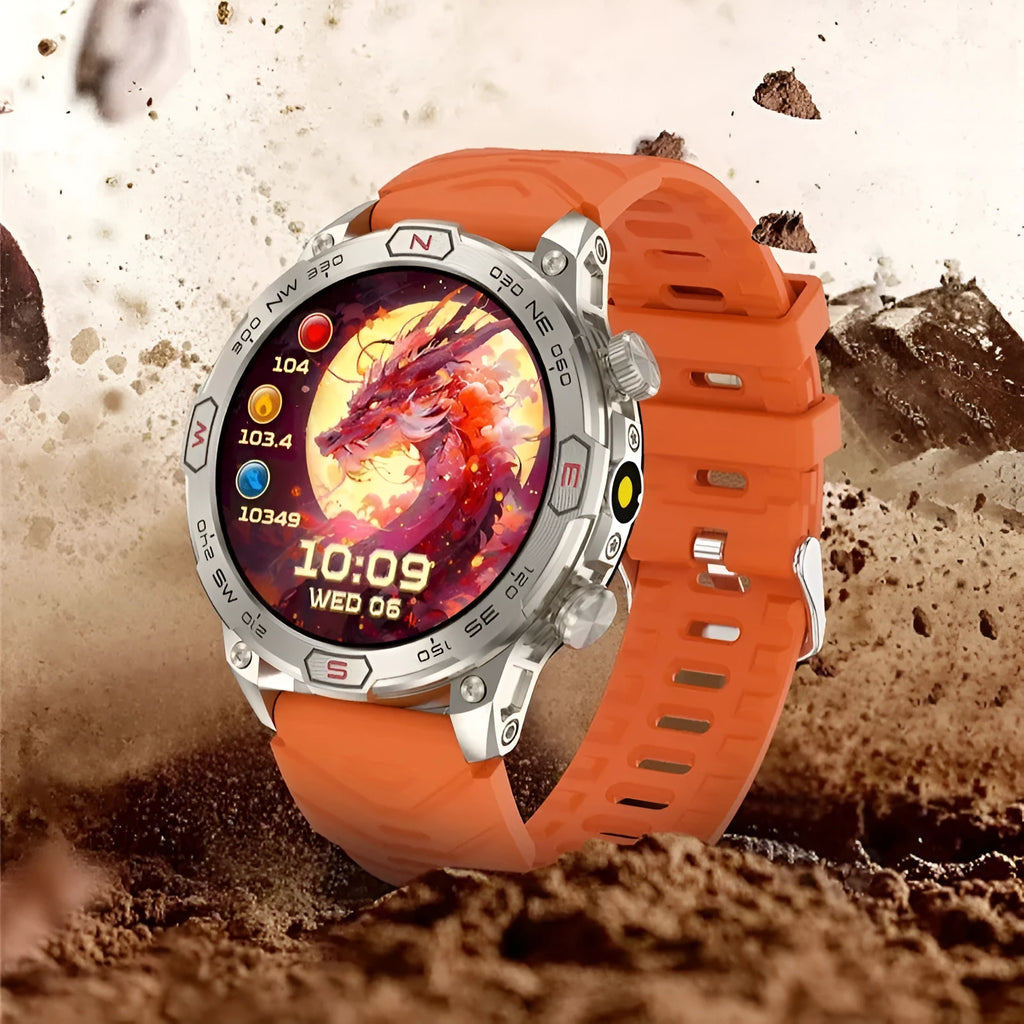 Black sports smartwatch with AMOLED screen displaying heart rate and time on a silicone strap.
