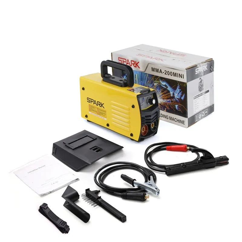 MMA-200MIN 220V DC welding machine with welding tongs, grounding clamp, face shield, and brush hanger accessories