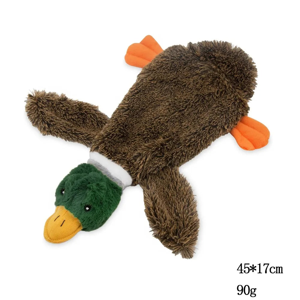 Green wild duck design stuffless plush dog toy with two squeakers.
