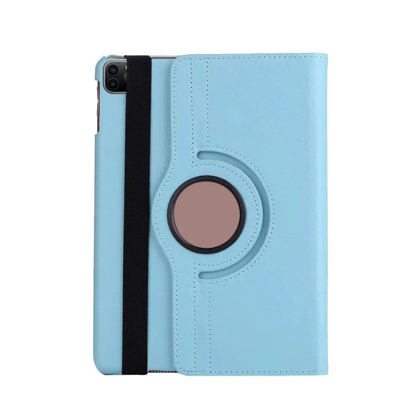 Rotating clamshell iPad protective sleeve in imitation leather, shown in rose red colour.