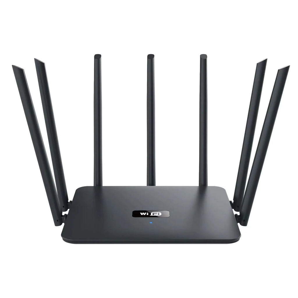 Black or white dual-band 5G Gigabit router with multiple antennas for through-wall WiFi coverage measuring 50x30x10 cm