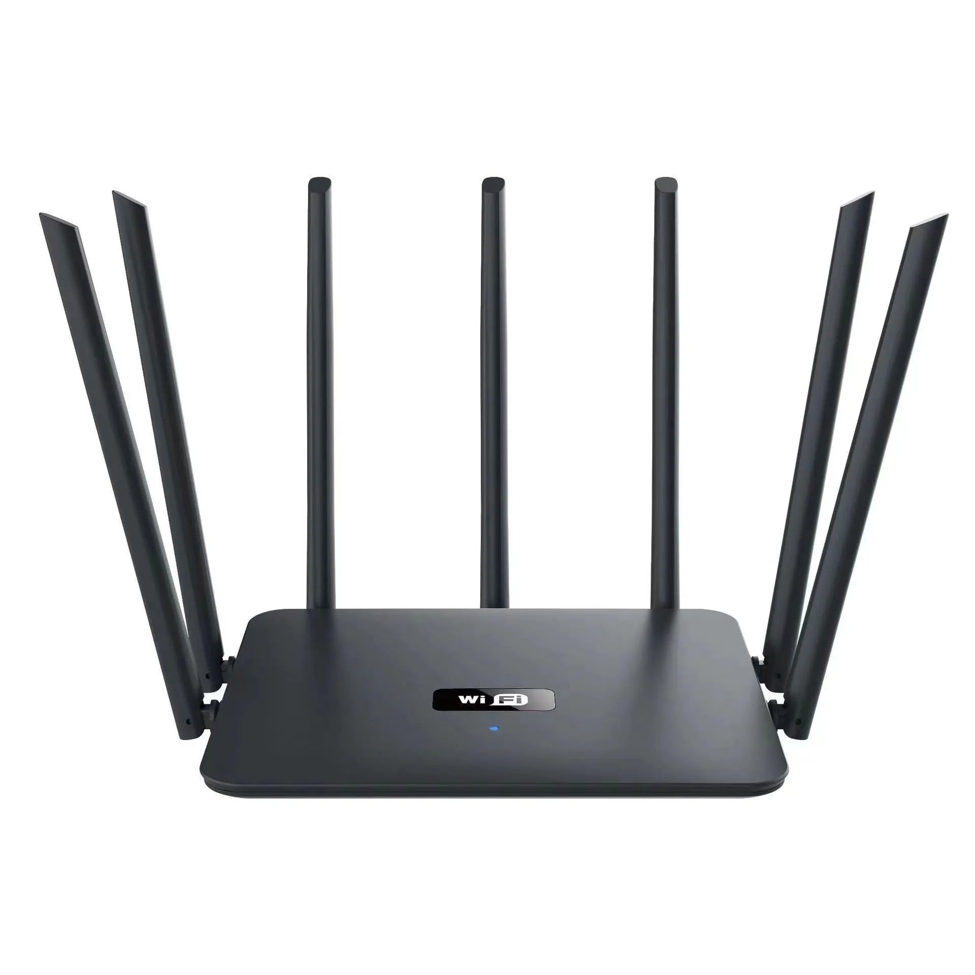 Black or white dual-band 5G Gigabit router with multiple antennas for through-wall WiFi coverage measuring 50x30x10 cm