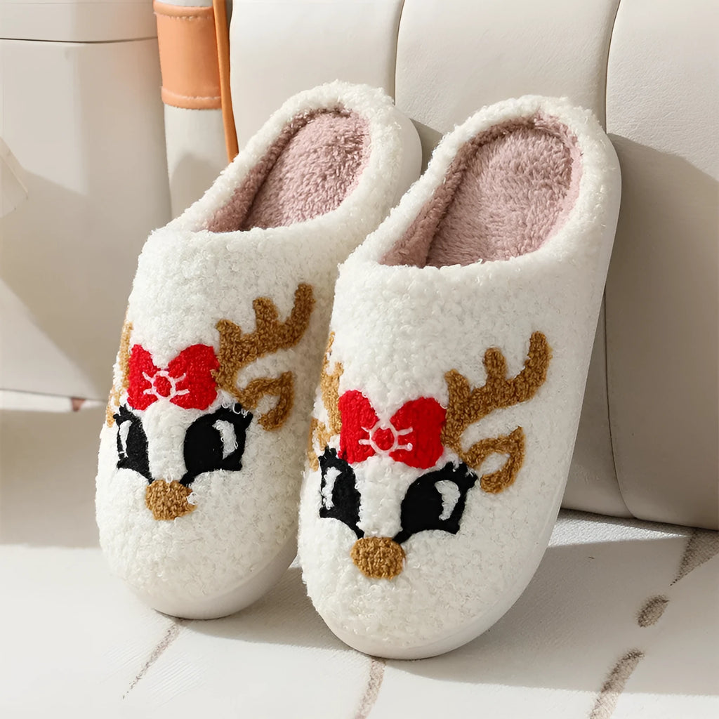 Christmas deer slippers with plush upper, cartoon fox pattern, TPR non-slip sole, 3.5cm heel, round toe, sizes 36-45
