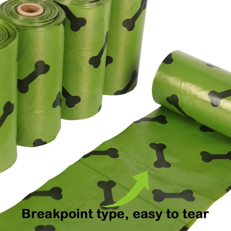 Army green degradable dog poop bags with black bone print design showing roll configuration