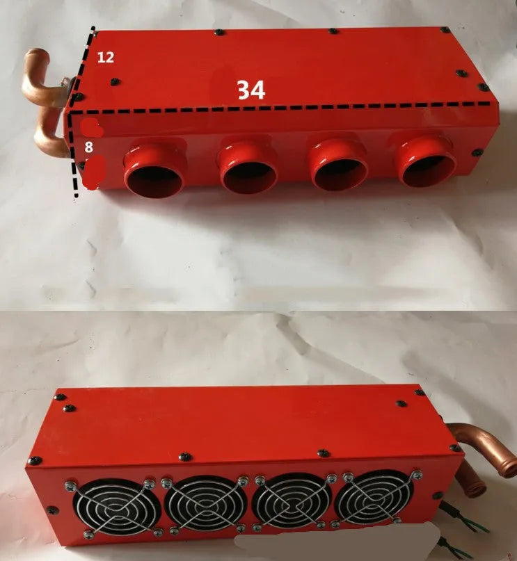 Metal car heater unit with long small four-hole copper pipe connections for 12V 24V vehicles.