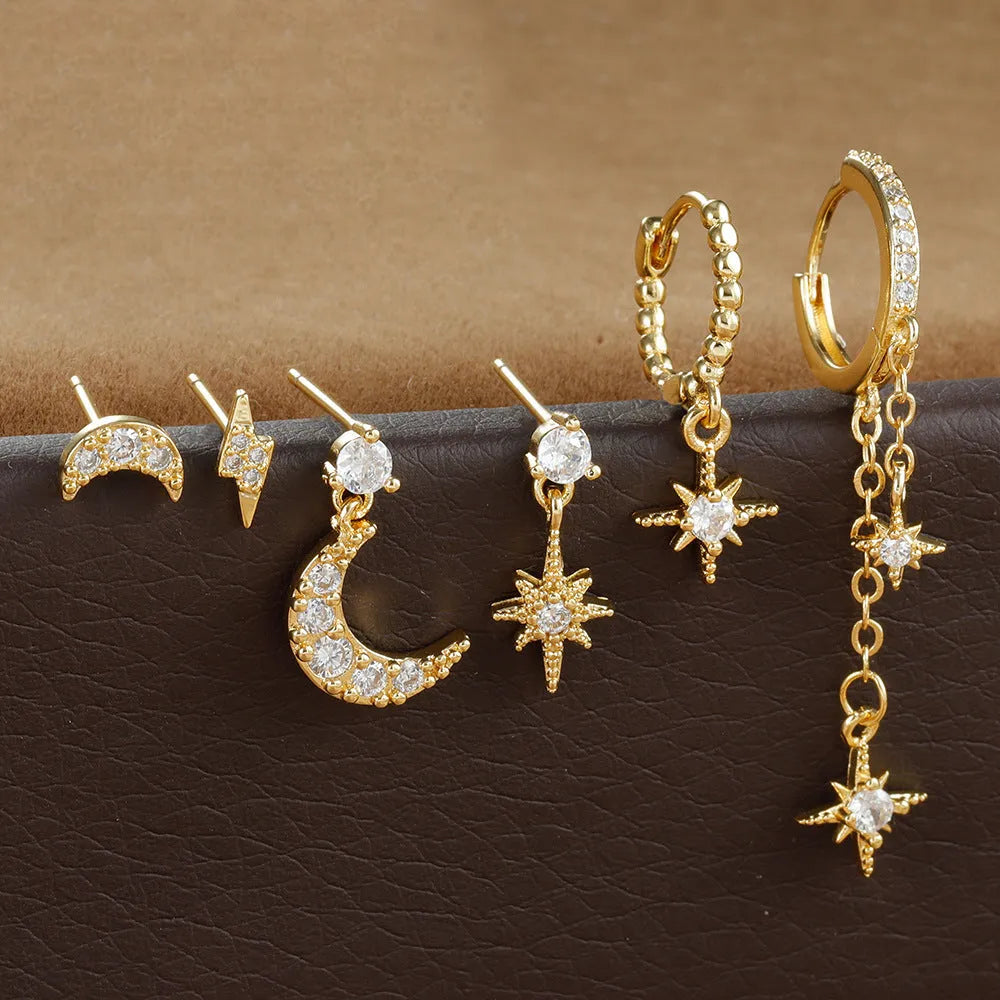 XINGX gold-colour chain tassel and zircon stud earrings set, six pieces, electroplated copper.