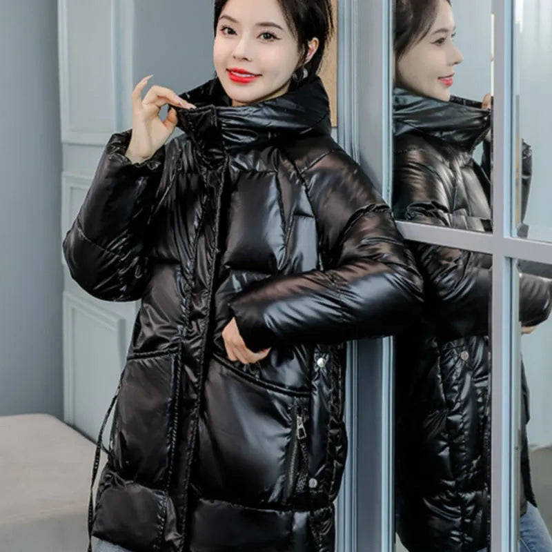 Women's loose fit thick acrylic winter jacket with hood in blue colour