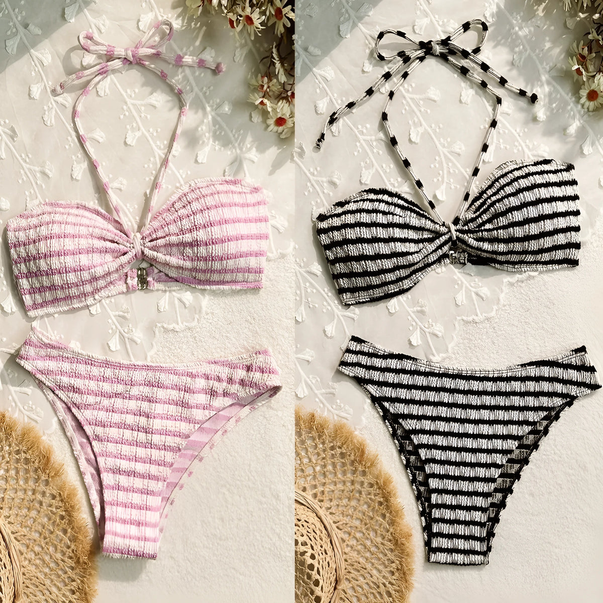 Striped two-piece bikini swimsuit for women in pink or black, briefs style, polyester, sizes S M L