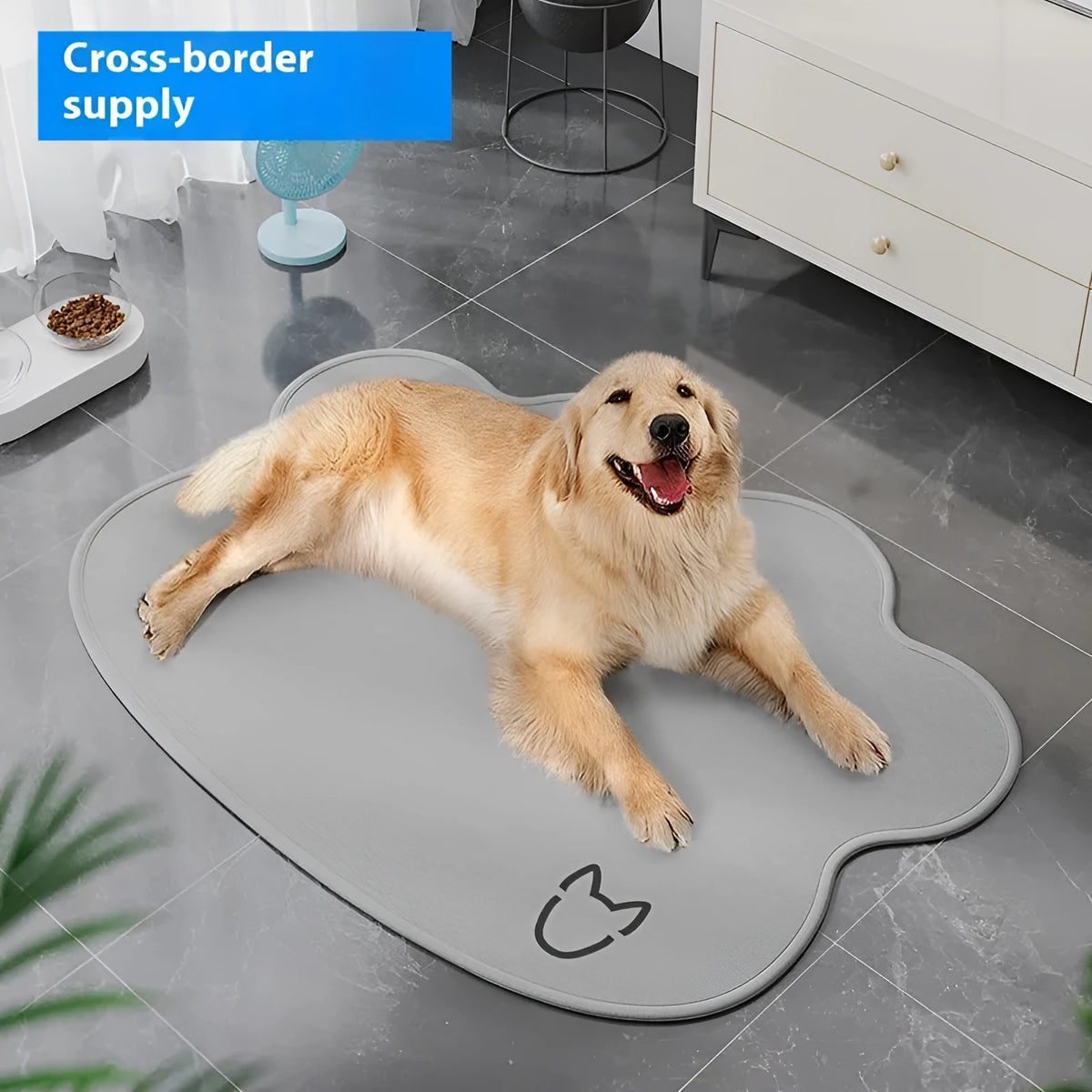 Light grey dog head shaped ice silk cooling mat for pets on a wooden floor