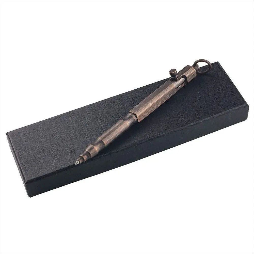 Brass machine gun tactical pen with hexagonal bolt design showing brass natural colour finish