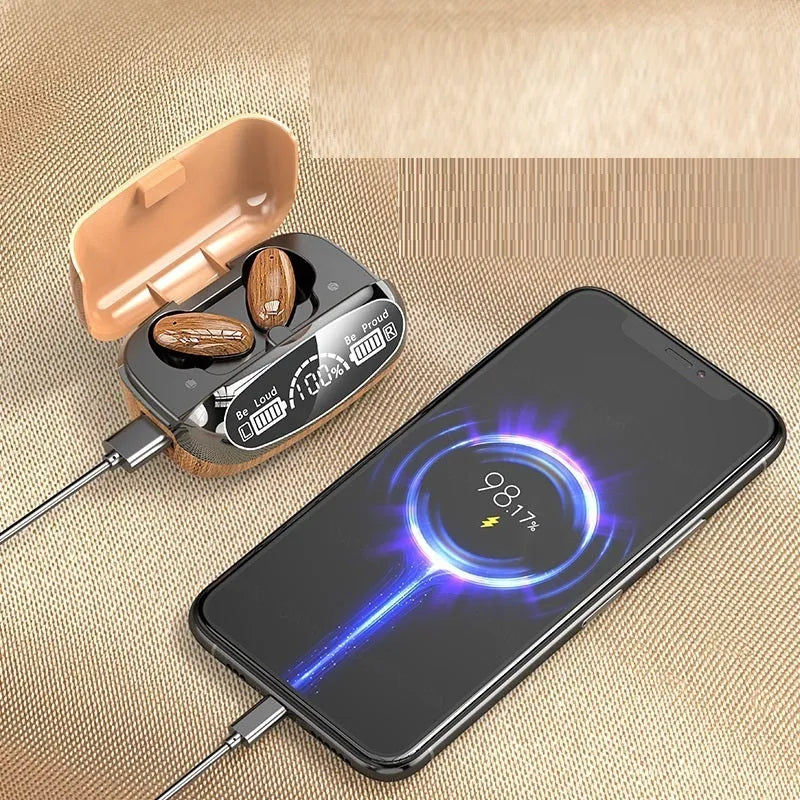 M35 wood grain Bluetooth wireless earphones with charging cabin and accessories