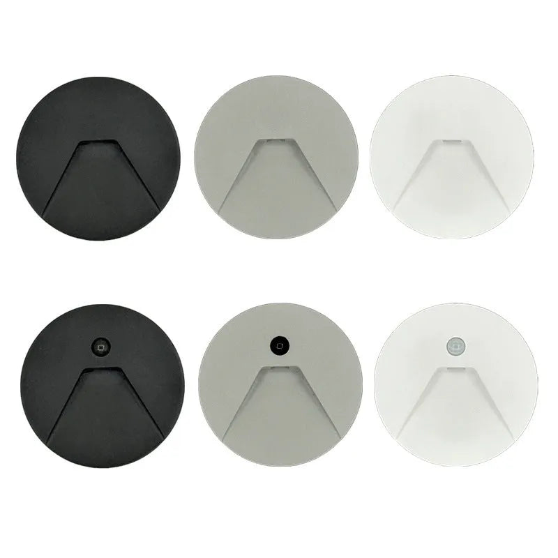 3W aluminium automatic human body induction step light, 82mm diameter, IP65, in matt black, frosted white, or frosted grey