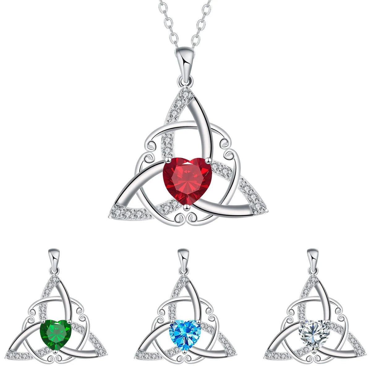 Geometric Celtic knot women's necklace in electroplated copper, shown in one of four colour options.