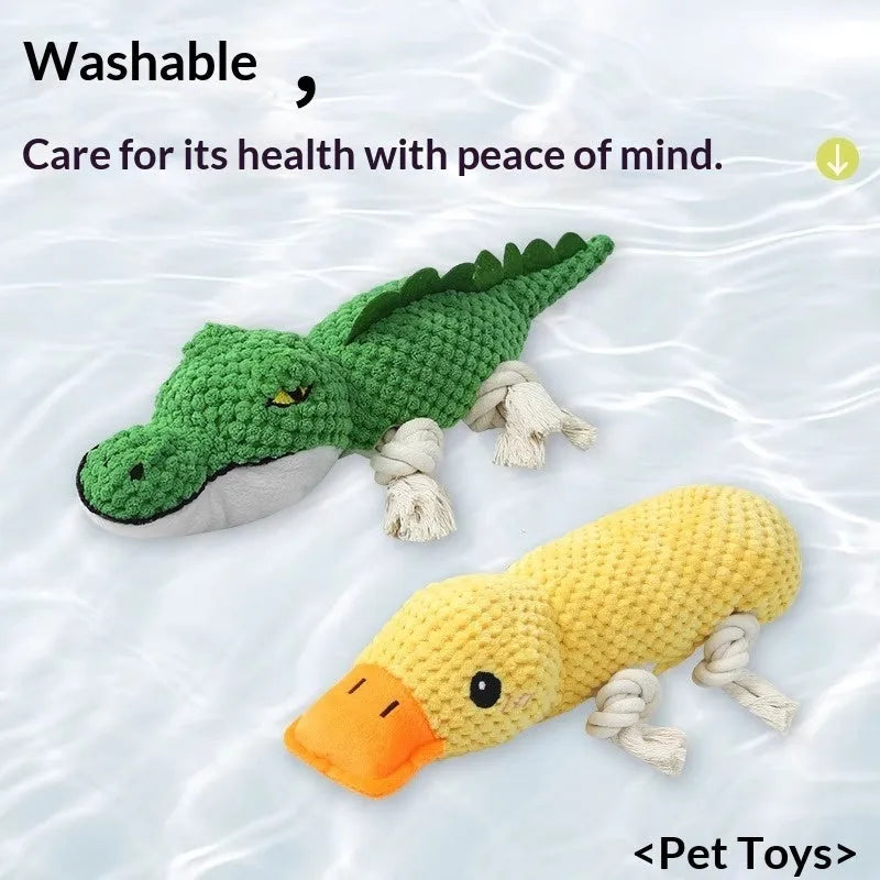 PVC chewing and teeth-cleaning plush pet toy with sound, available in crocodile, donkey, hippo and yellow duck styles