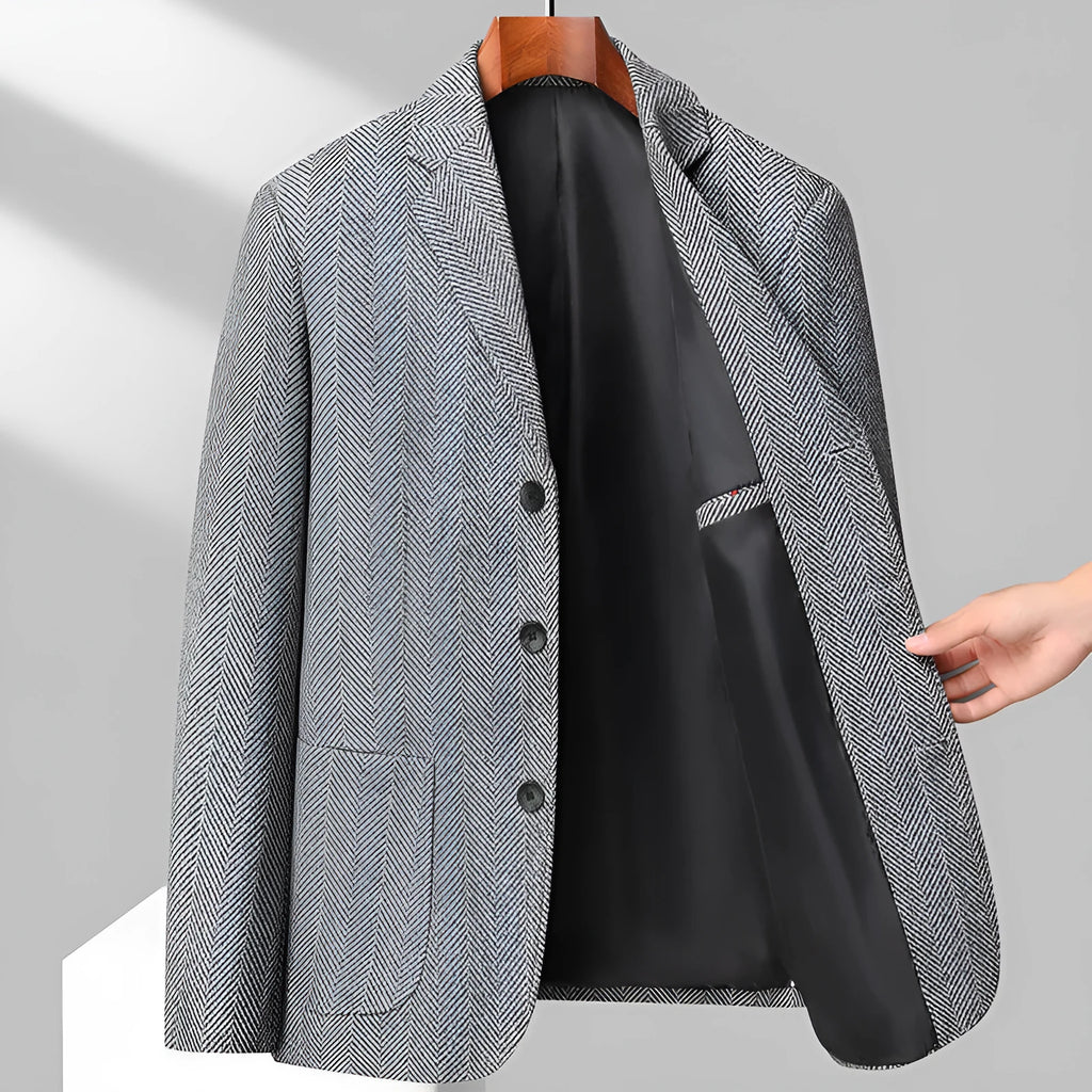 Men's loose fit solid colour wool-blend coat in black, shown on a model.