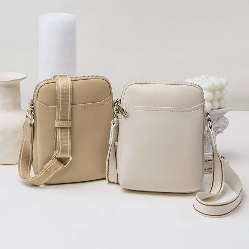 Solid colour mobile phone crossbody shoulder bag for women in PU material showing black, beige, khaki, and green colour options