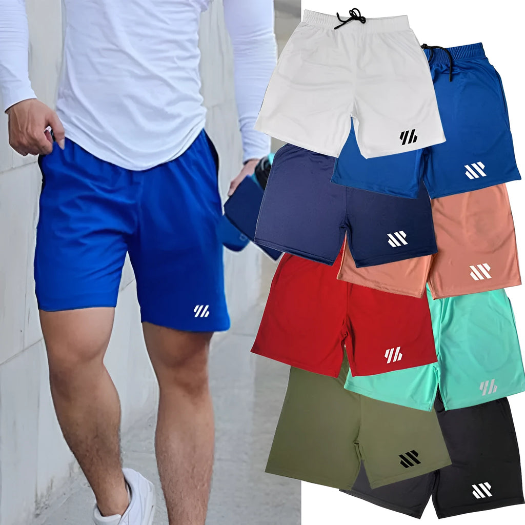 Men's loose fit metal silk fabric sports shorts for running, shown in multiple colour options.