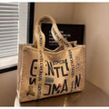 Large capacity canvas tote bag with printed letter design for women's travel and shopping