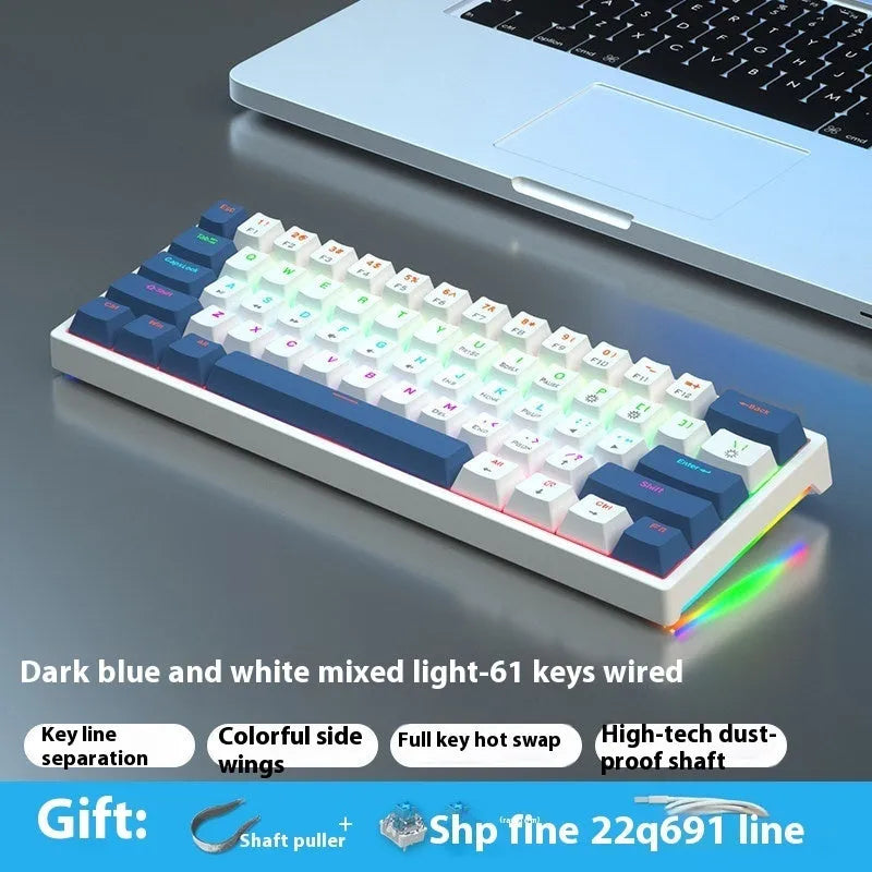 Bluish black 61-key compact mechanical keyboard with hot-swappable sockets and coloured keycaps.