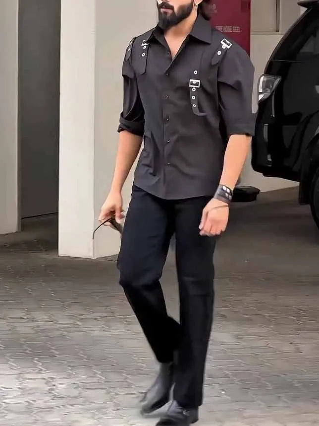 Men's black utility-style button-up shirt with a regular fit