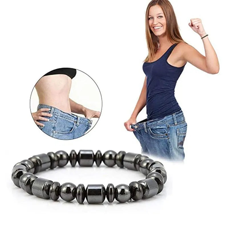 Black pentagram stone magnetic therapy bracelet with magnetite and hematite stretch design