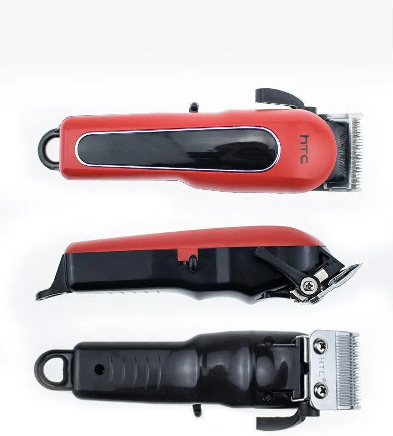 Professional digital electric hair clipper with charger, combs, and accessories in black, red, or white colour.