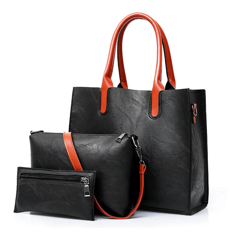 Three-piece women's retro fashion bag set in solid colour PU material with shoulder strap