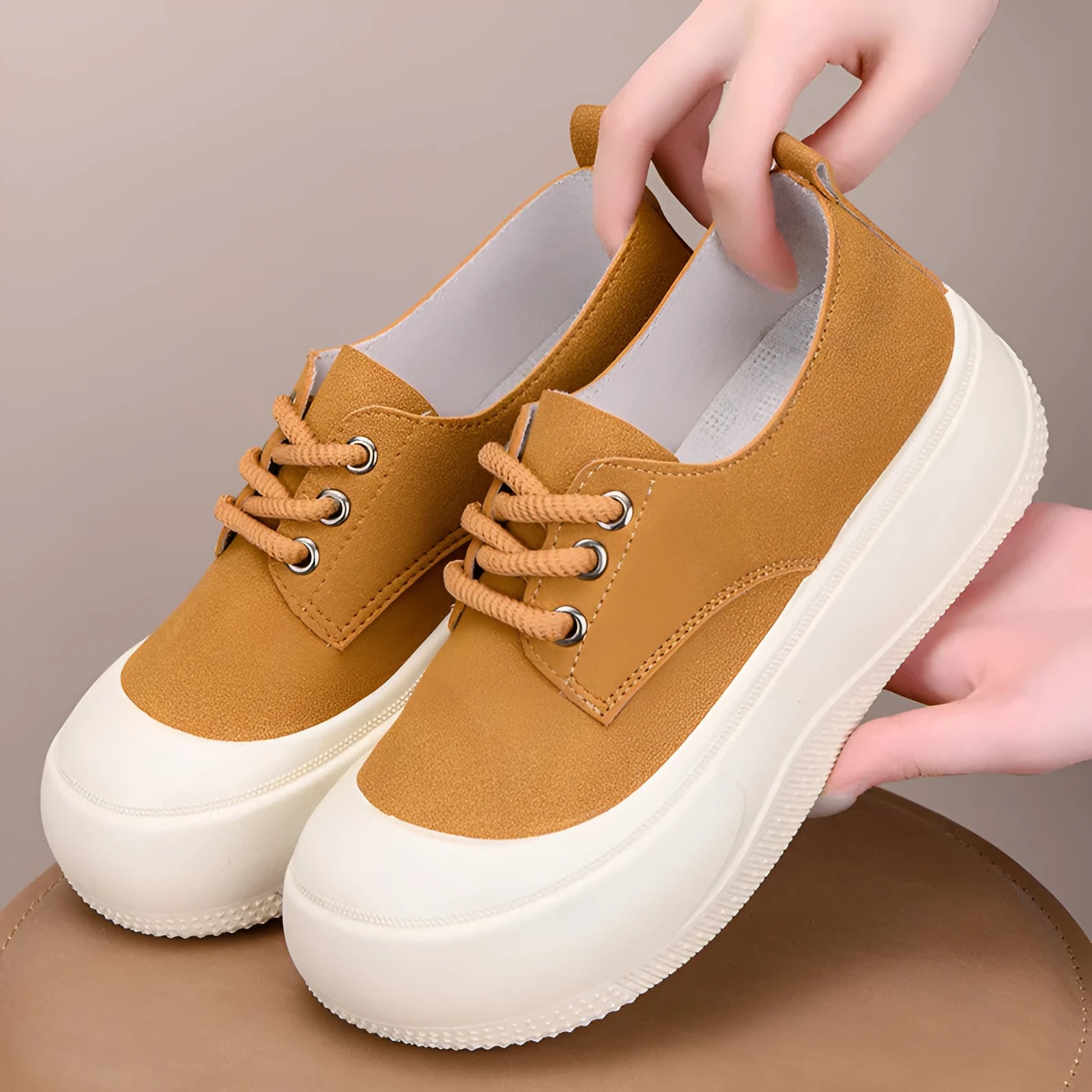 Women's camel suede platform loafers with round toe, flat 4cm heel, and front lace-up.