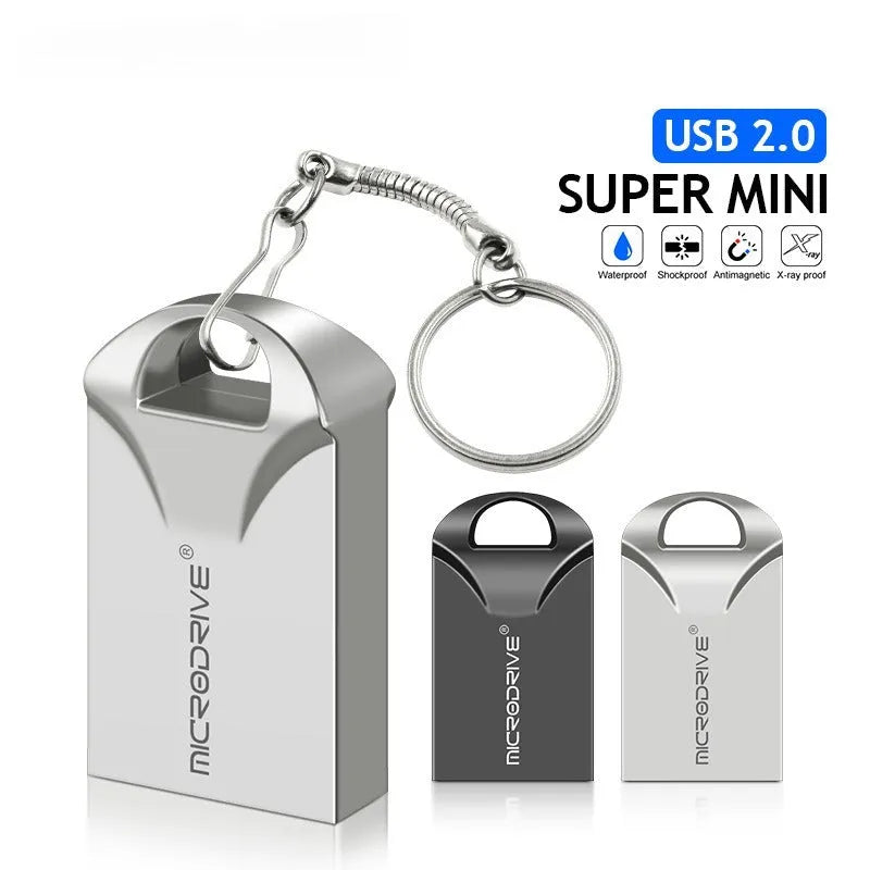 Mini metal USB flash drive in black and silver showing compact 23x12x8mm size