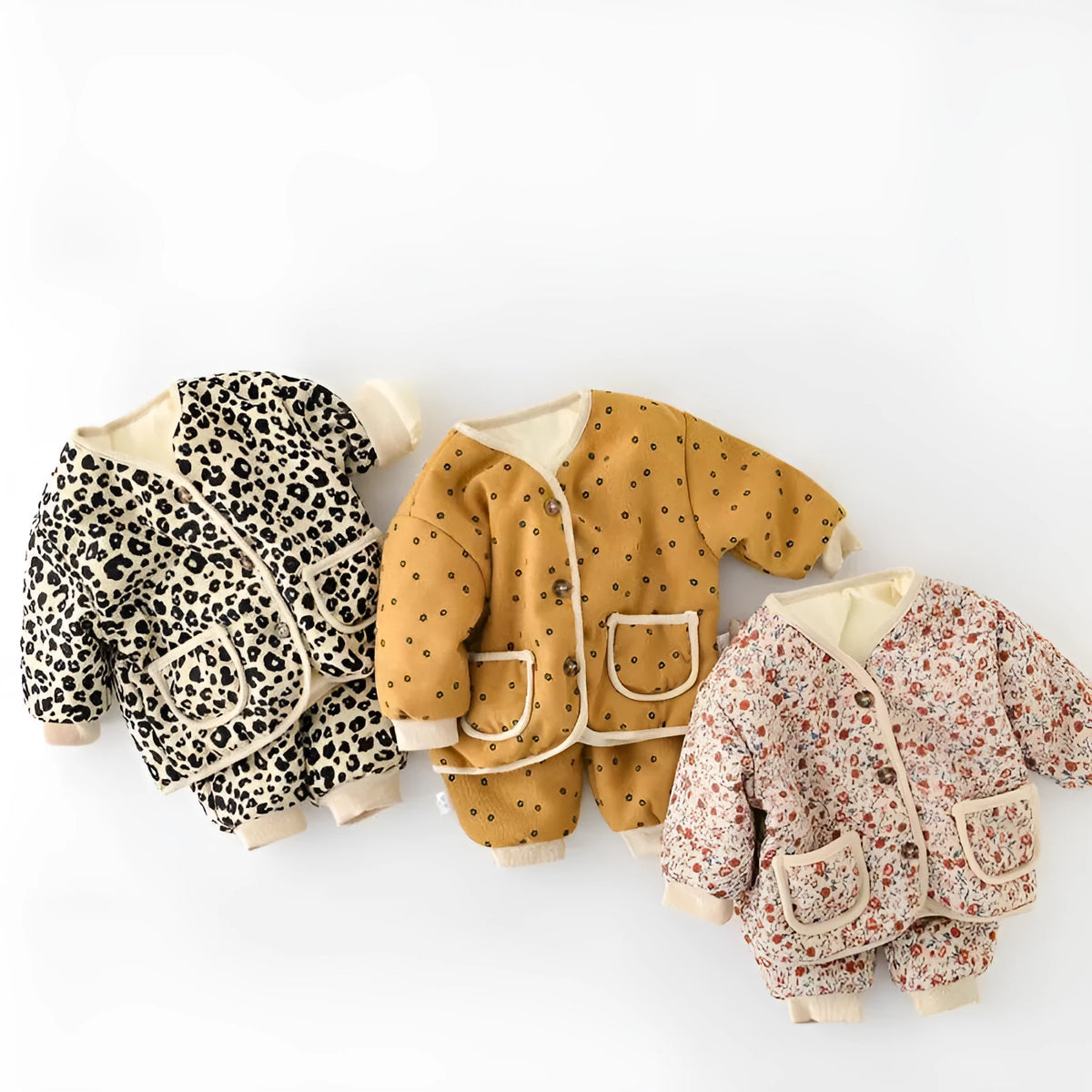 Children's fleece thickened winter baby clothes set, two-piece jacket and trousers, khaki floral, brown flower, leopard print, 73-110cm