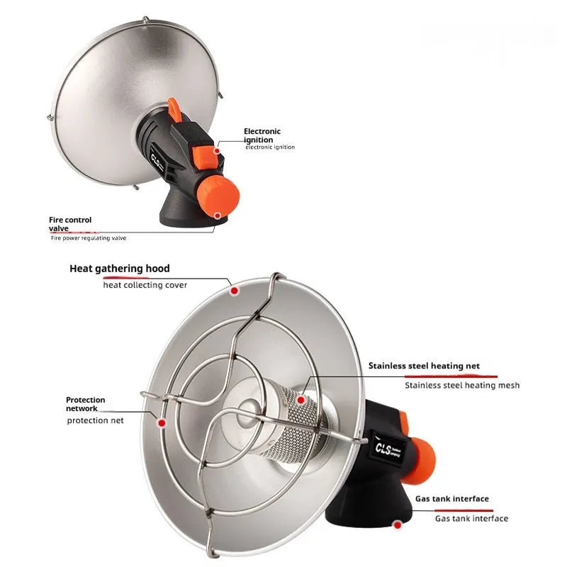 Black and orange portable outdoor heating stove with automatic ignition for camping