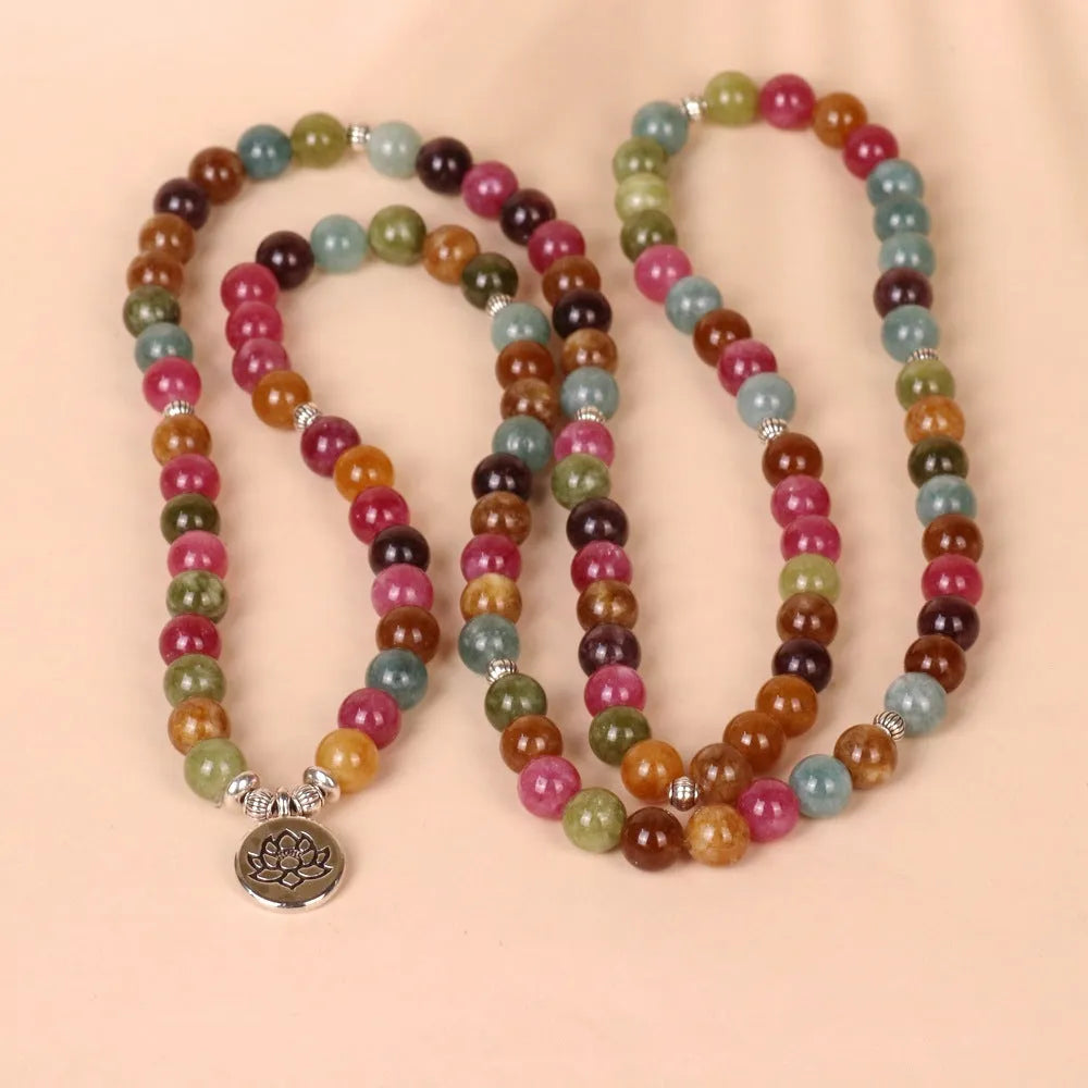 108-bead multi-layer bracelet with lotus design and tourmaline colour on hanging strings