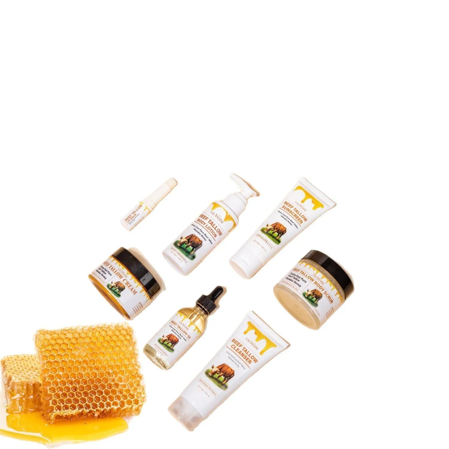 Butter Honey seven-piece facial skincare set with cleanser, cream, lipstick, lotion, scrub, and balm.