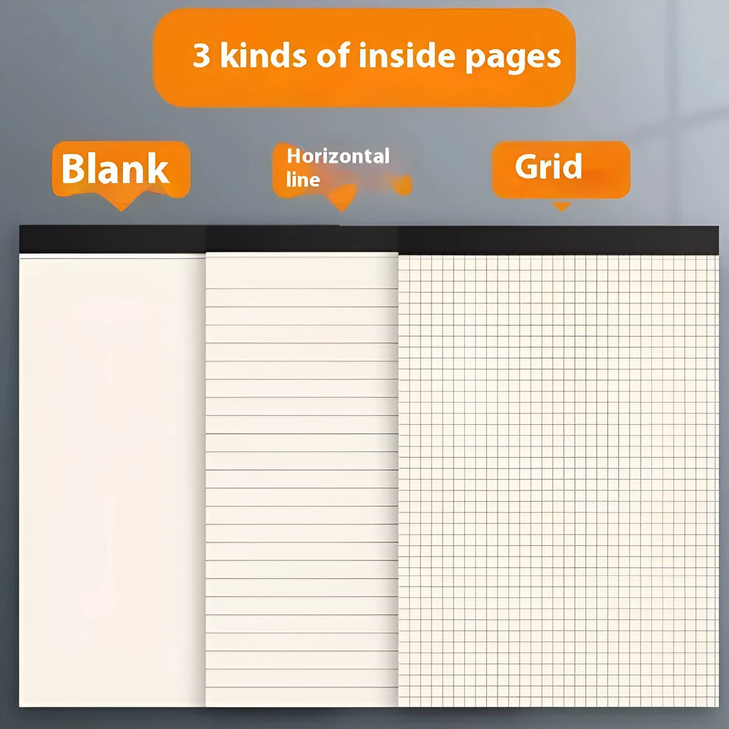 A5, B5 and A4 tearable writing pads with blank, grid, and horizontal line rulings, 80 sheets per notebook.